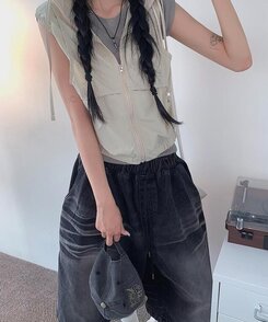 ショートパンツ ウォッシングデニムワイドバミューダパンツ BLACK