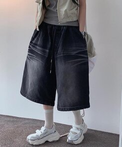 ショートパンツ ウォッシングデニムワイドバミューダパンツ BLACK