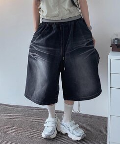 ショートパンツ ウォッシングデニムワイドバミューダパンツ BLACK