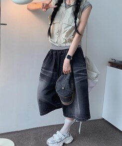 ショートパンツ ウォッシングデニムワイドバミューダパンツ BLACK