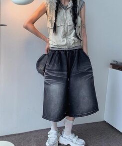ショートパンツ ウォッシングデニムワイドバミューダパンツ BLACK