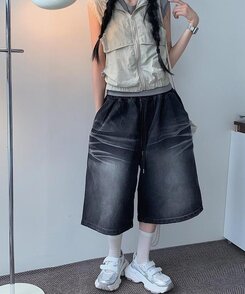 ショートパンツ ウォッシングデニムワイドバミューダパンツ BLACK