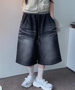 ショートパンツ ウォッシングデニムワイドバミューダパンツ BLACK