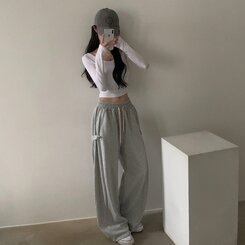 비어 사이드스냅 비죠 버튼 롱와이드 트레이닝 추리닝 밴딩팬츠 9color 멜란지그레이