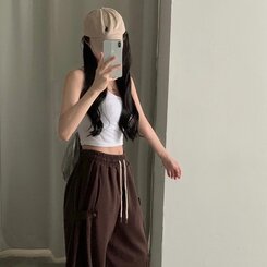 비어 사이드스냅 비죠 버튼 롱와이드 트레이닝 추리닝 밴딩팬츠 9color 브라운