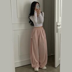 비어 사이드스냅 비죠 버튼 롱와이드 트레이닝 추리닝 밴딩팬츠 9color 연핑크