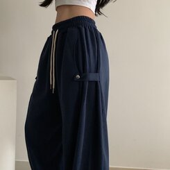 비어 사이드스냅 비죠 버튼 롱와이드 트레이닝 추리닝 밴딩팬츠 9color 네이비