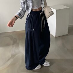 비어 사이드스냅 비죠 버튼 롱와이드 트레이닝 추리닝 밴딩팬츠 9color 네이비