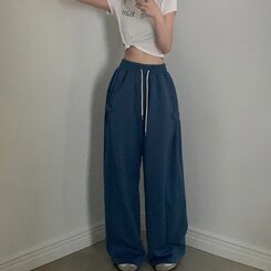 비어 사이드스냅 비죠 버튼 롱와이드 트레이닝 추리닝 밴딩팬츠 9color 블루