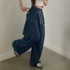 비어 사이드스냅 비죠 버튼 롱와이드 트레이닝 추리닝 밴딩팬츠 9color 블루