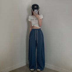 비어 사이드스냅 비죠 버튼 롱와이드 트레이닝 추리닝 밴딩팬츠 9color 블루