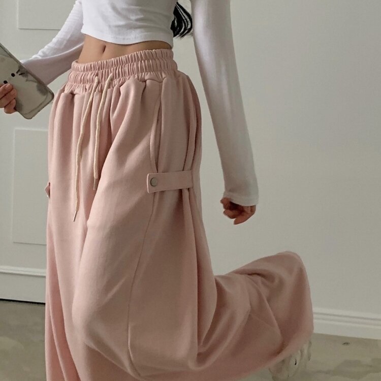 비어 사이드스냅 비죠 버튼 롱와이드 트레이닝 추리닝 밴딩팬츠 9color 연핑크