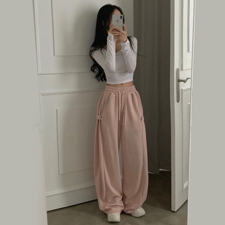 비어 사이드스냅 비죠 버튼 롱와이드 트레이닝 추리닝 밴딩팬츠 9color 연핑크