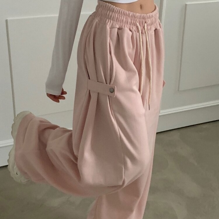 비어 사이드스냅 비죠 버튼 롱와이드 트레이닝 추리닝 밴딩팬츠 9color 연핑크