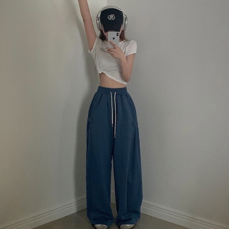 비어 사이드스냅 비죠 버튼 롱와이드 트레이닝 추리닝 밴딩팬츠 9color 블루