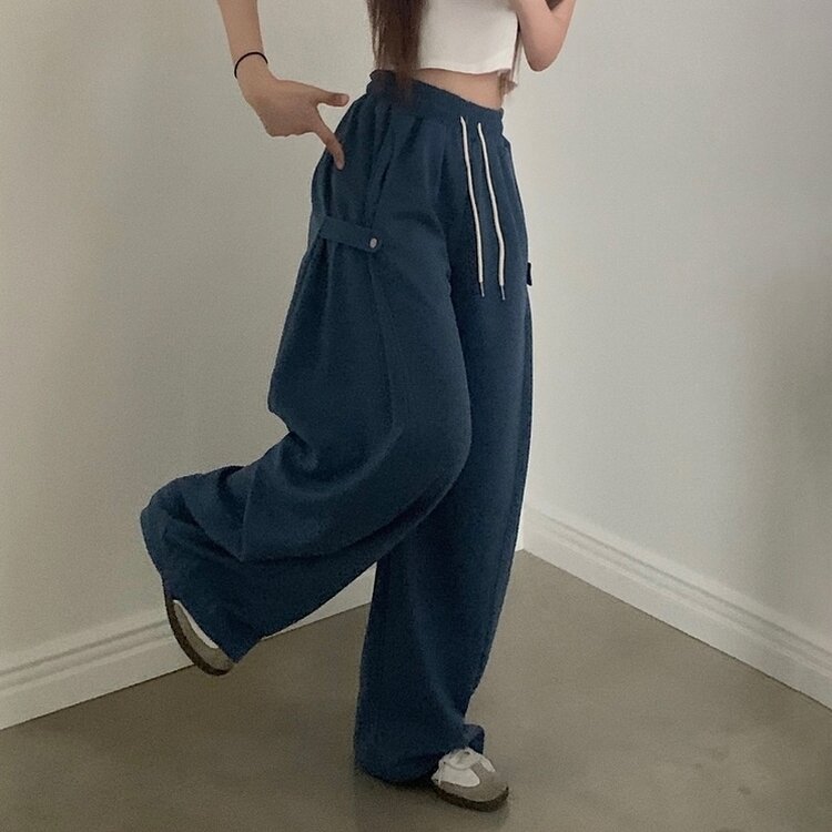 비어 사이드스냅 비죠 버튼 롱와이드 트레이닝 추리닝 밴딩팬츠 9color 블루