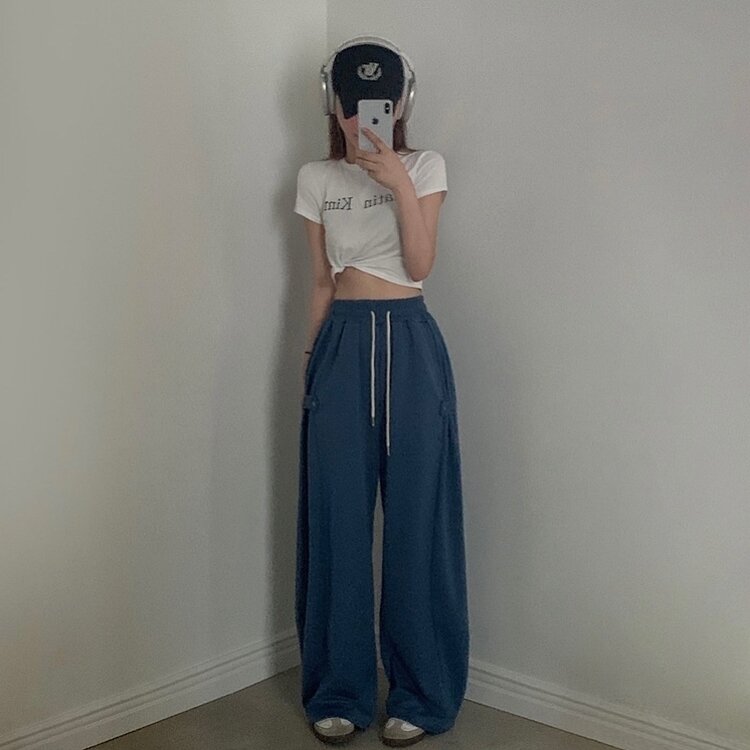 비어 사이드스냅 비죠 버튼 롱와이드 트레이닝 추리닝 밴딩팬츠 9color 블루