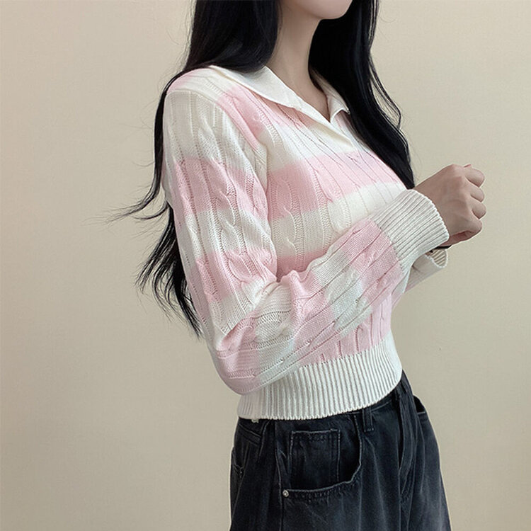 ストライプオープンカラークロップ長袖ニットTシャツ｜ニット｜韓国