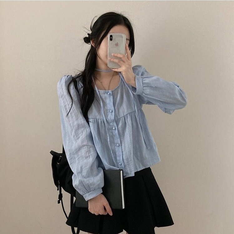 솜솜 펀칭 레이스 머플러 초커 타이 퍼프 블라우스 투피스 세트 소라