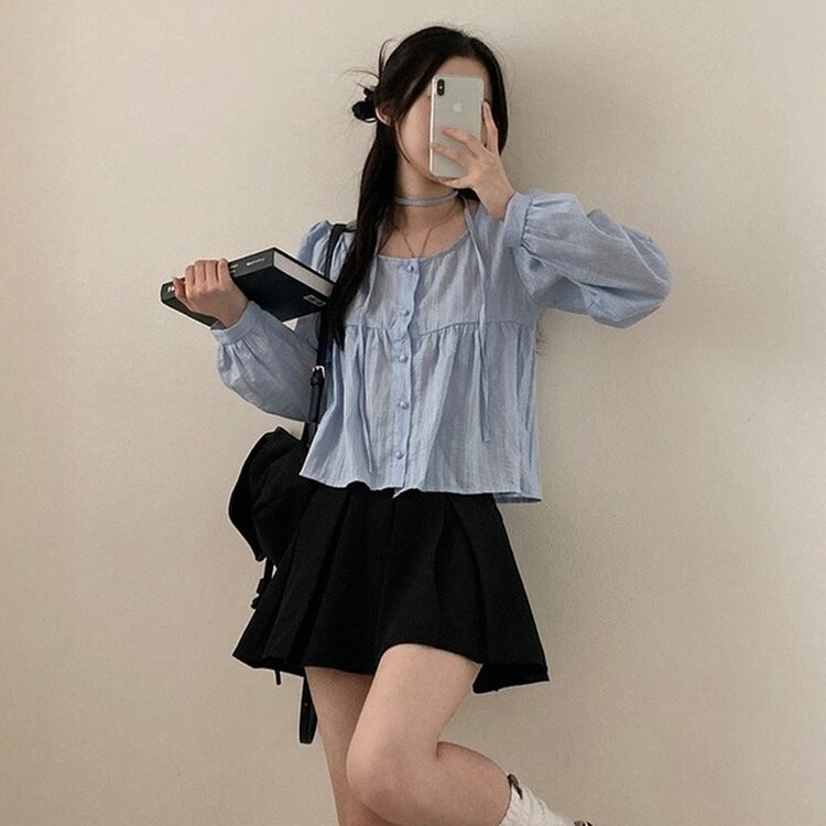 솜솜 펀칭 레이스 머플러 초커 타이 퍼프 블라우스 투피스 세트 소라