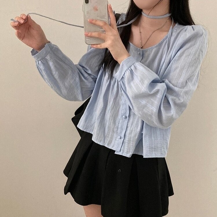 솜솜 펀칭 레이스 머플러 초커 타이 퍼프 블라우스 투피스 세트 소라