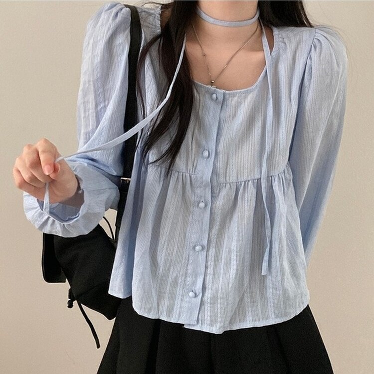 솜솜 펀칭 레이스 머플러 초커 타이 퍼프 블라우스 투피스 세트 소라