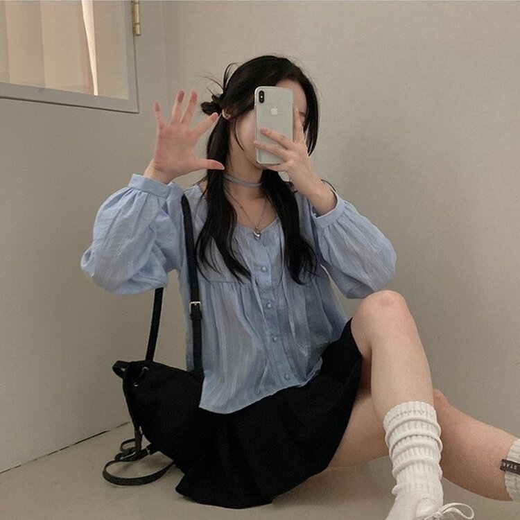 솜솜 펀칭 레이스 머플러 초커 타이 퍼프 블라우스 투피스 세트 소라