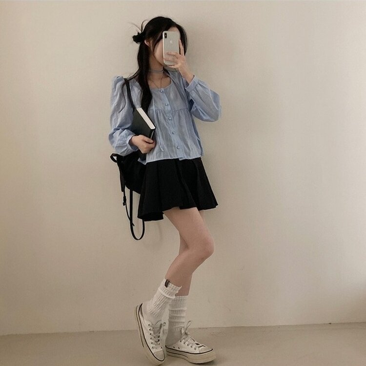 솜솜 펀칭 레이스 머플러 초커 타이 퍼프 블라우스 투피스 세트 소라