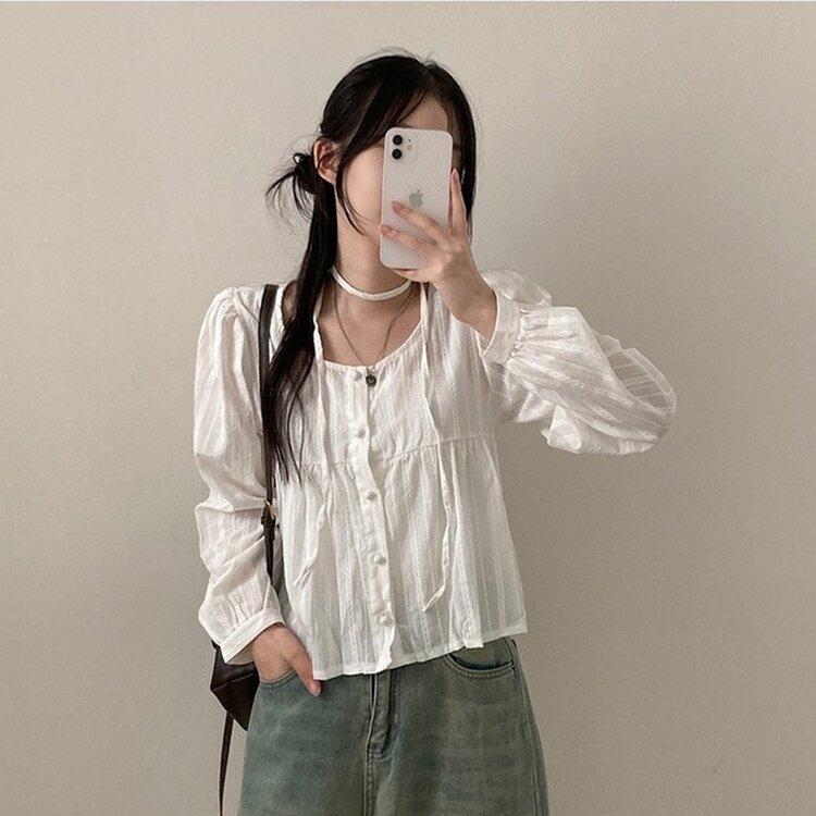 솜솜 펀칭 레이스 머플러 초커 타이 퍼프 블라우스 투피스 세트 아이보리