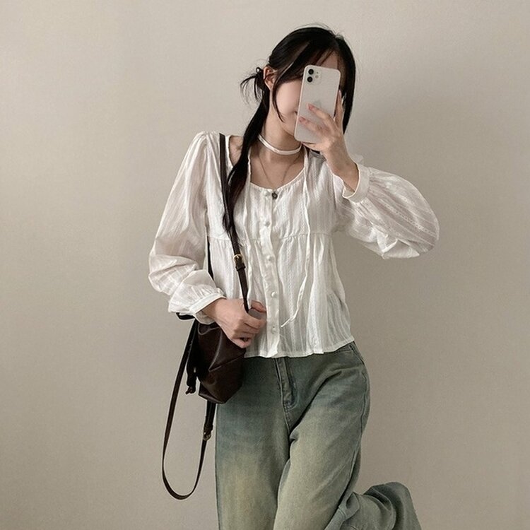 솜솜 펀칭 레이스 머플러 초커 타이 퍼프 블라우스 투피스 세트 아이보리