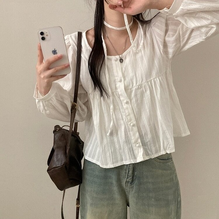 솜솜 펀칭 레이스 머플러 초커 타이 퍼프 블라우스 투피스 세트 아이보리