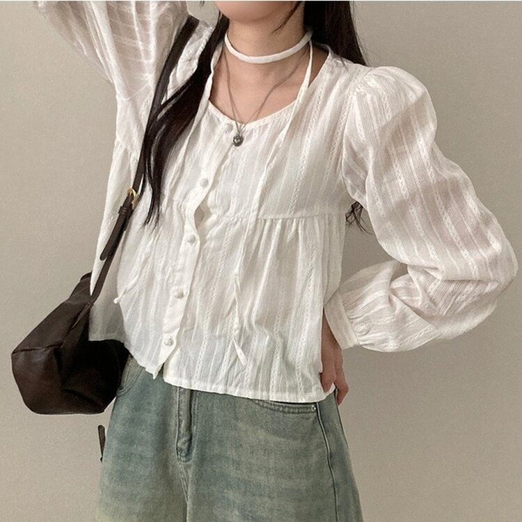 솜솜 펀칭 레이스 머플러 초커 타이 퍼프 블라우스 투피스 세트 아이보리