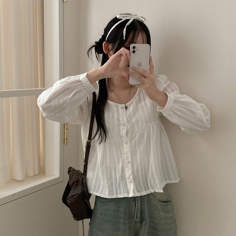 솜솜 펀칭 레이스 머플러 초커 타이 퍼프 블라우스 투피스 세트 아이보리