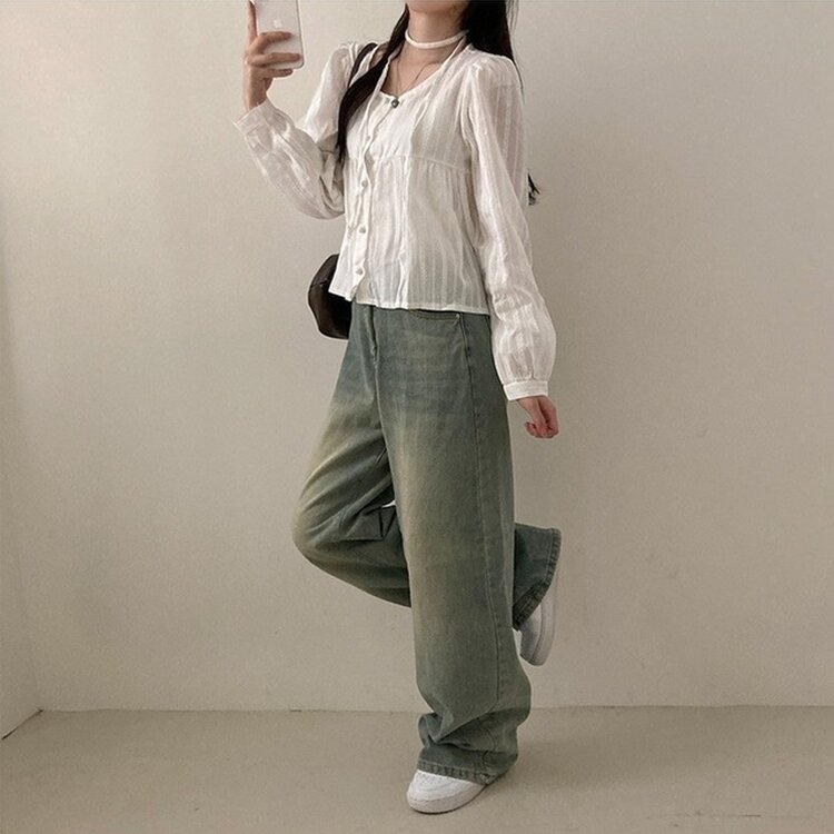 솜솜 펀칭 레이스 머플러 초커 타이 퍼프 블라우스 투피스 세트 아이보리