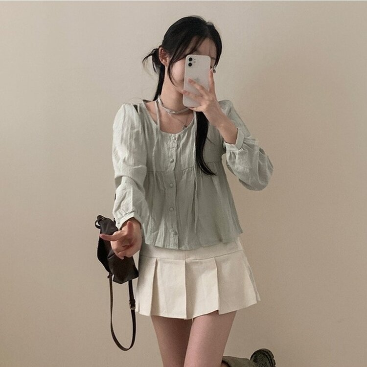 솜솜 펀칭 레이스 머플러 초커 타이 퍼프 블라우스 투피스 세트 민트