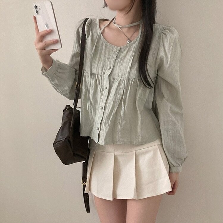 솜솜 펀칭 레이스 머플러 초커 타이 퍼프 블라우스 투피스 세트 민트