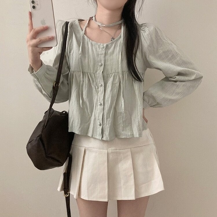 솜솜 펀칭 레이스 머플러 초커 타이 퍼프 블라우스 투피스 세트 민트