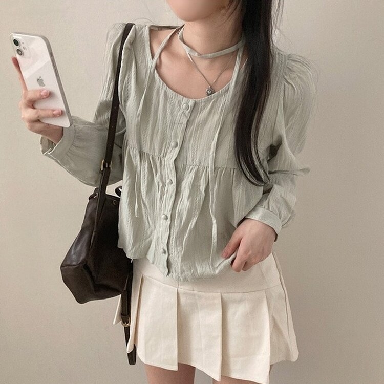 솜솜 펀칭 레이스 머플러 초커 타이 퍼프 블라우스 투피스 세트 민트