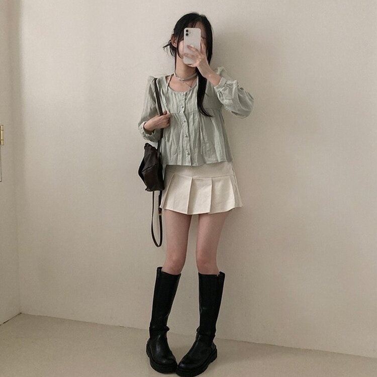 솜솜 펀칭 레이스 머플러 초커 타이 퍼프 블라우스 투피스 세트 민트