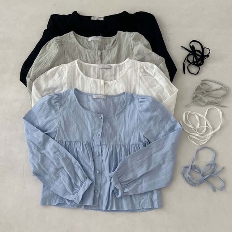 솜솜 펀칭 레이스 머플러 초커 타이 퍼프 블라우스 투피스 세트