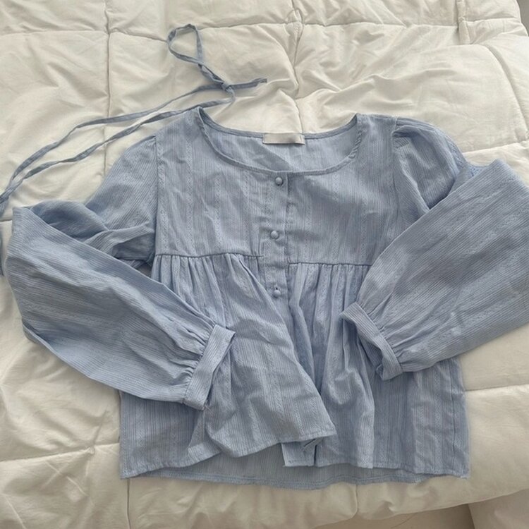 솜솜 펀칭 레이스 머플러 초커 타이 퍼프 블라우스 투피스 세트