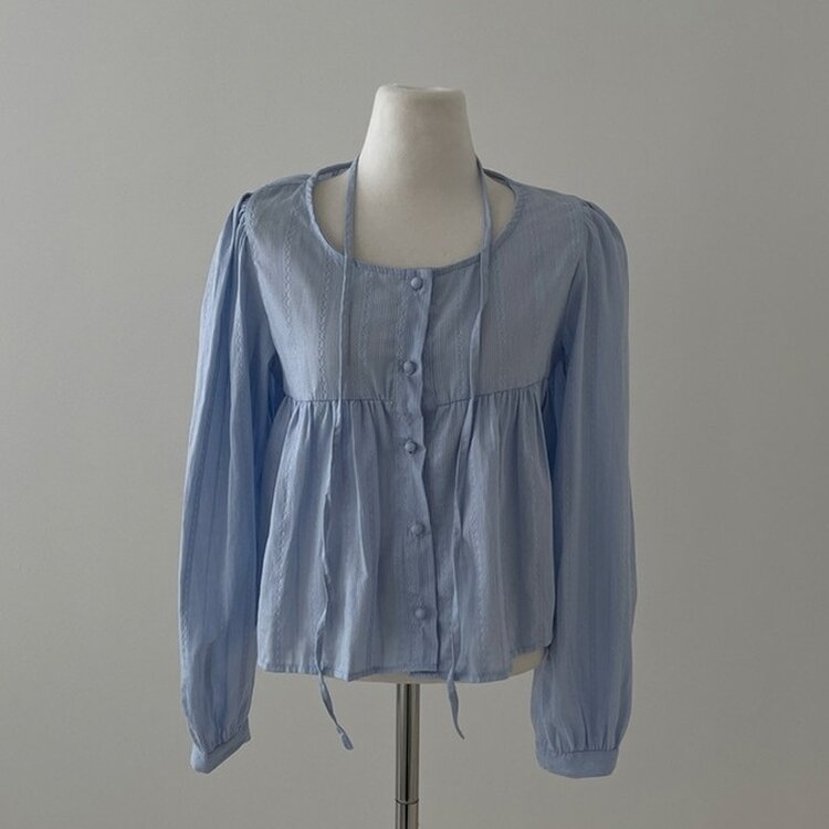 솜솜 펀칭 레이스 머플러 초커 타이 퍼프 블라우스 투피스 세트