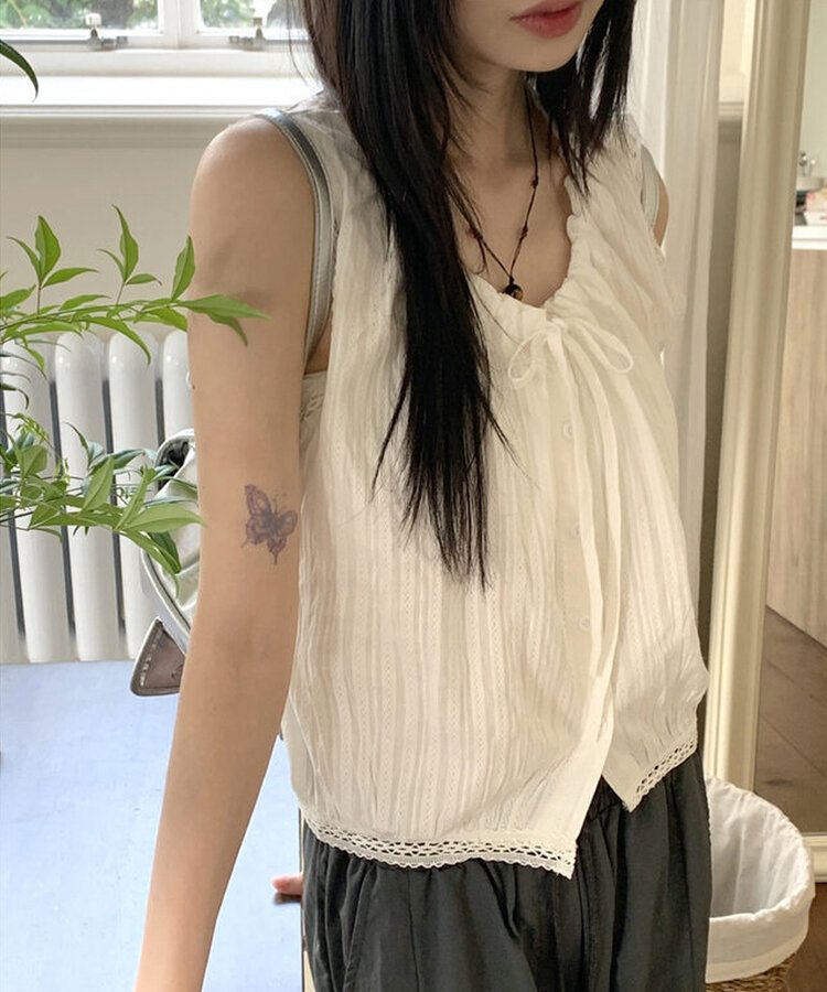 パンチングレースストリングノースリーブブラウス WHITE