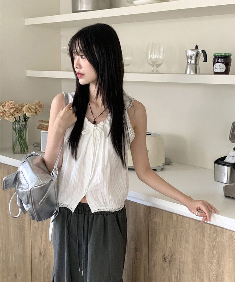 パンチングレースストリングノースリーブブラウス WHITE