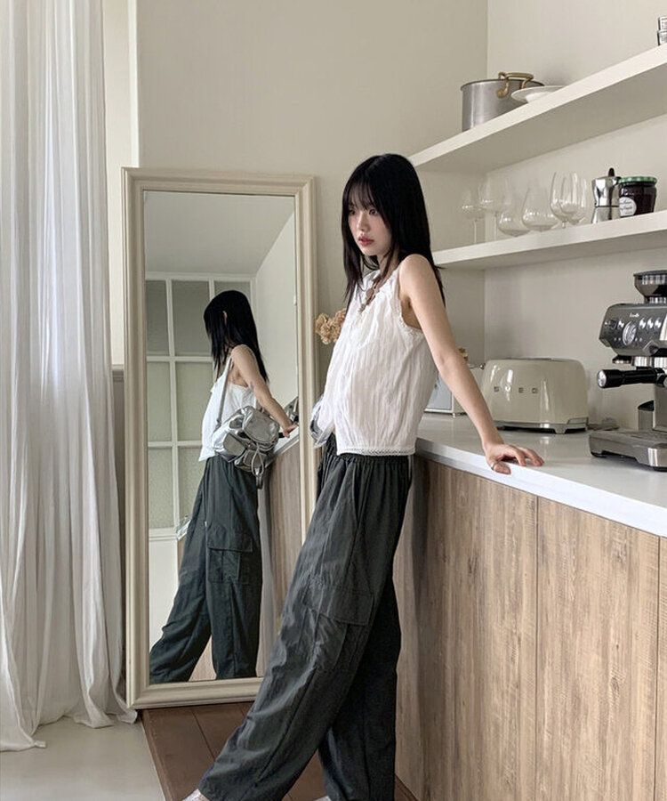 パンチングレースストリングノースリーブブラウス WHITE