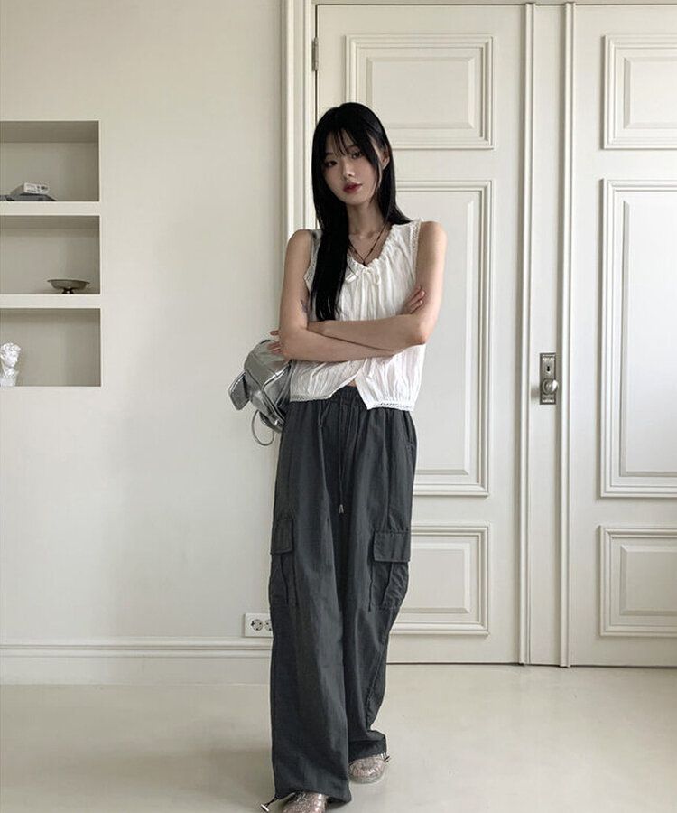 パンチングレースストリングノースリーブブラウス WHITE