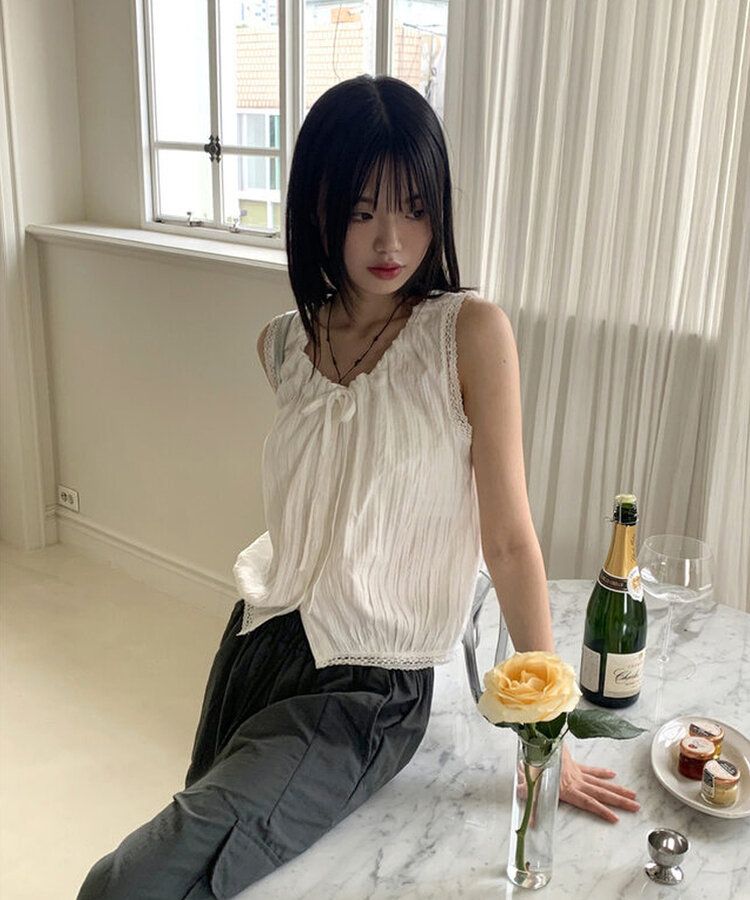 パンチングレースストリングノースリーブブラウス WHITE