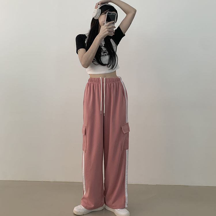 힙 카고 두줄 밴딩 롱 와이드 트레이닝팬츠