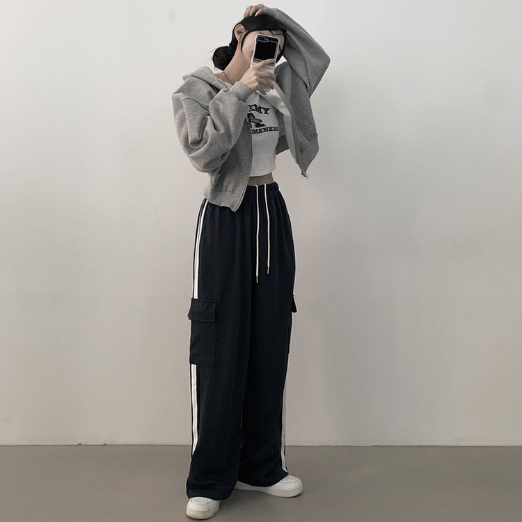 힙 카고 두줄 밴딩 롱 와이드 트레이닝팬츠