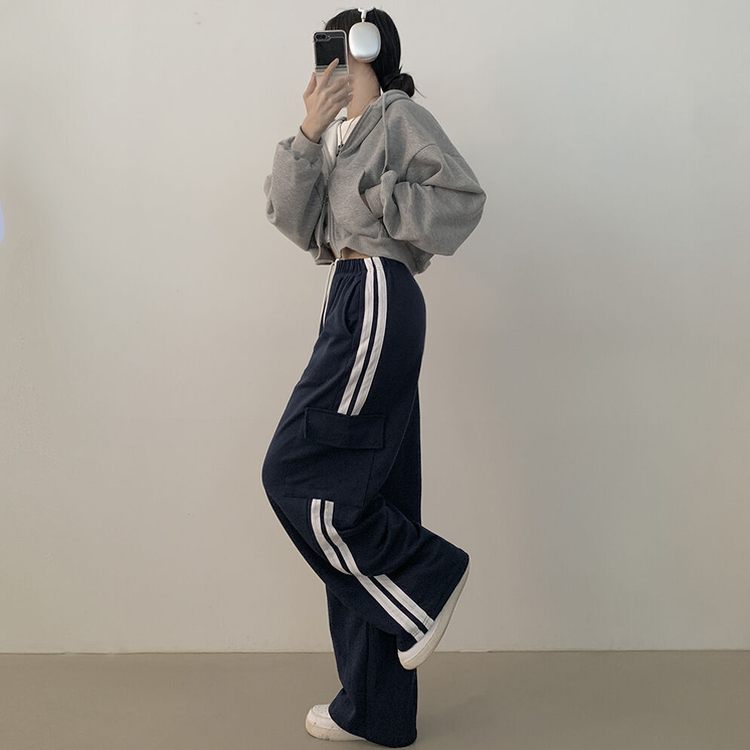 힙 카고 두줄 밴딩 롱 와이드 트레이닝팬츠